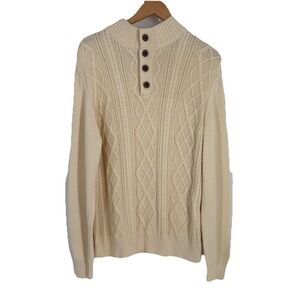 Northwest Territory Men Quarter Button Cable Knit Sweater Medium Ivory Fisherman
